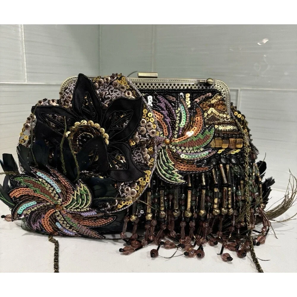 Chico's Vintage Beaded Peacock Feather Clutch Bag Sequin Fringe Y2KGlam BohoChic